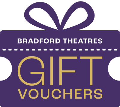 A purple present with the words 'Bradford Theatres Gift Vouchers' on it